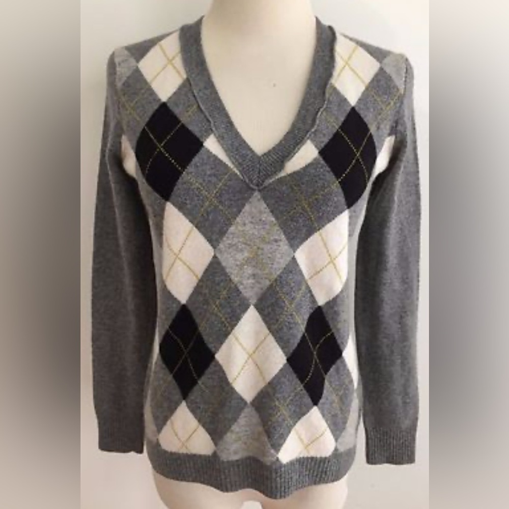 J. Crew Gray and White Argyle Sweater